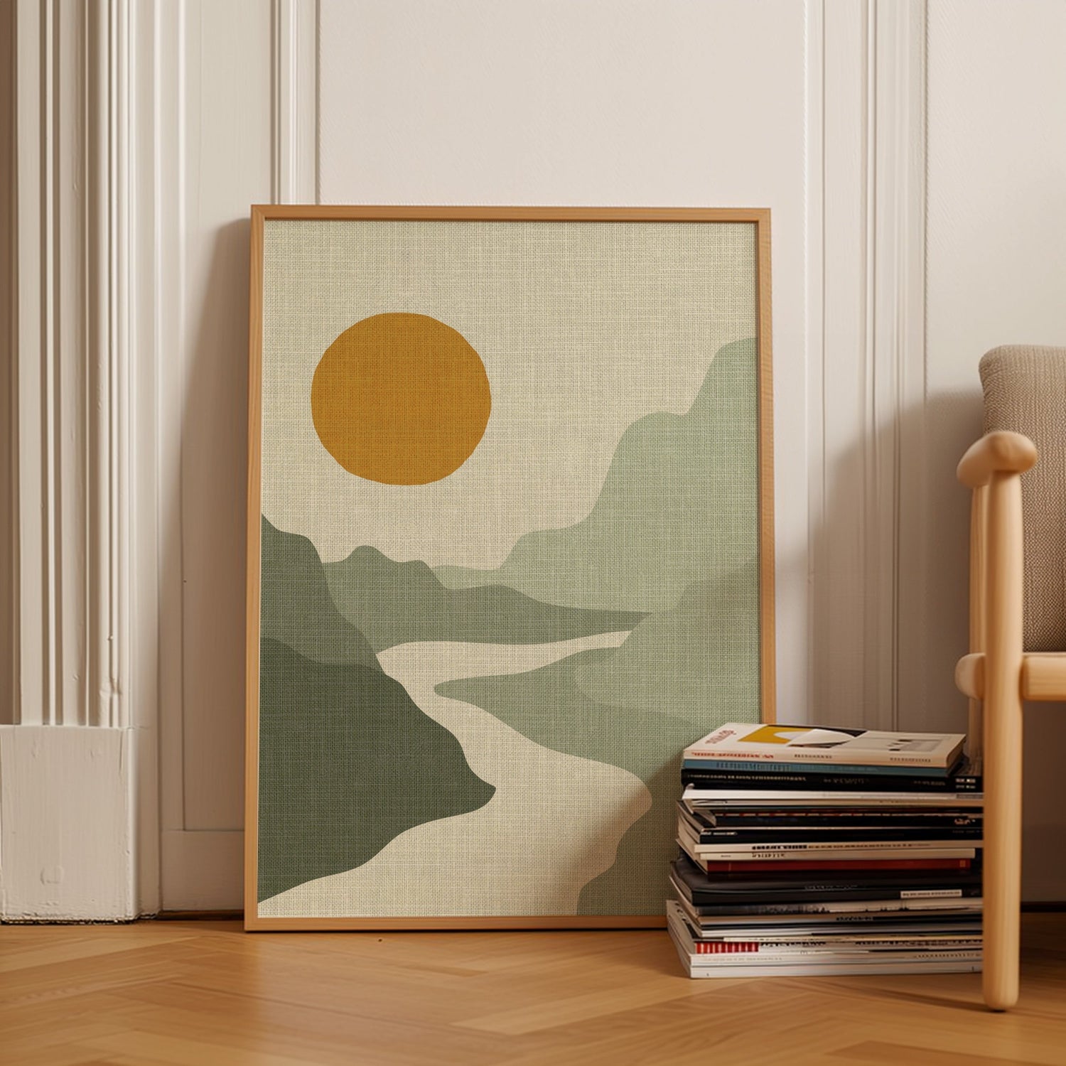 Linnen look landschap poster in diverse groentinten.. 