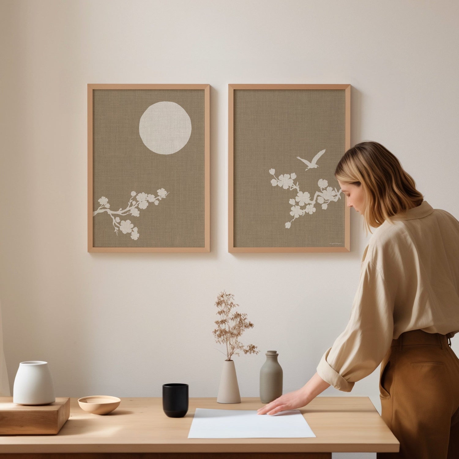 Japandi linnen look posters set van 2 in Japandi stijl interieur. Posters van Daring Dutch Designers.