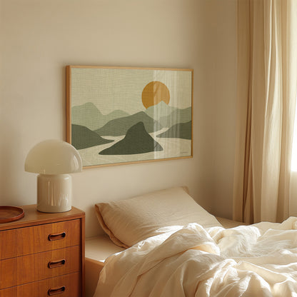 Linnen Look Poster Horizontaal met Zon, Bergen en Water