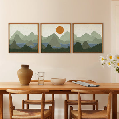 Drieluik Poster Vierkant: Helder Blauw en Ruige Bergen