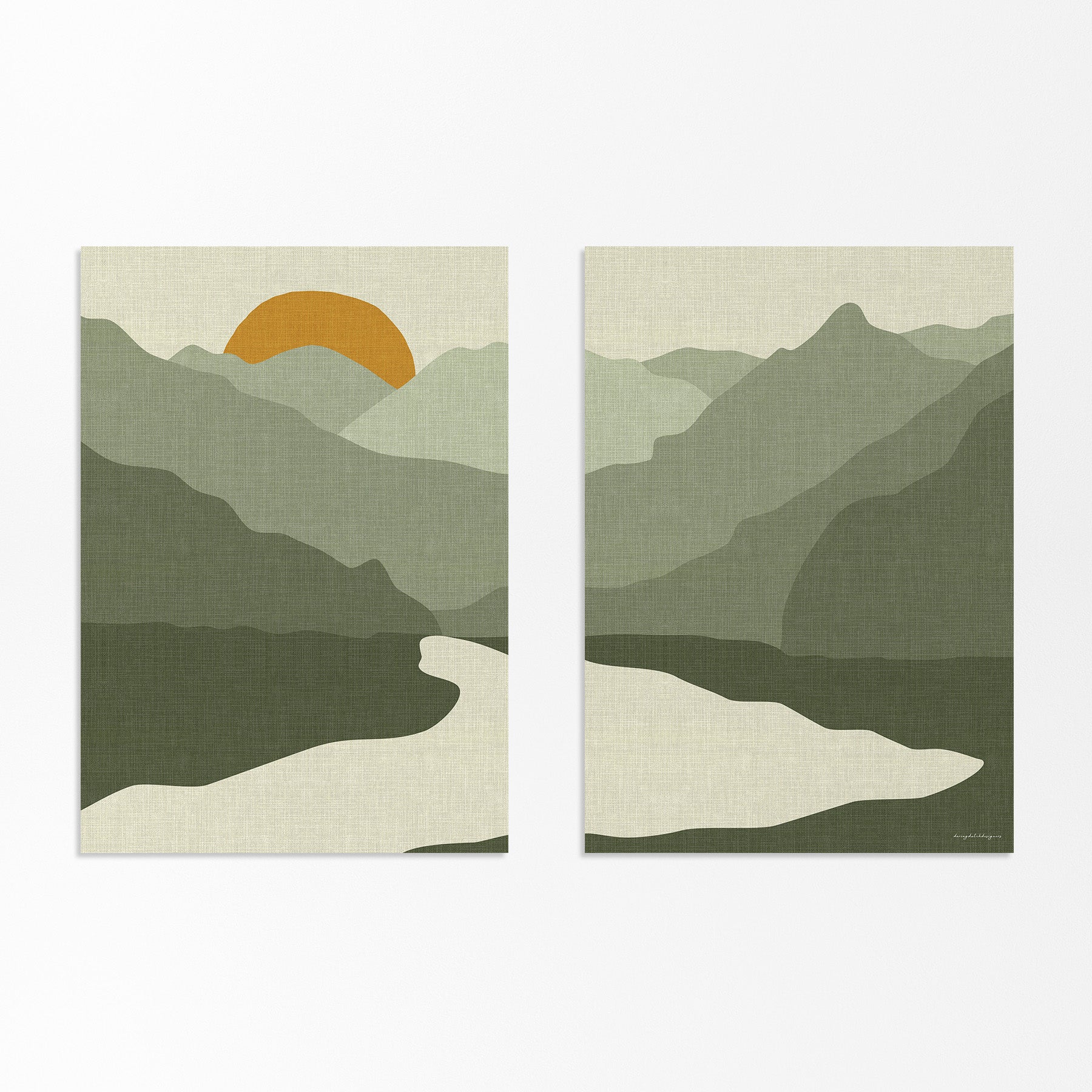 Linnen Look Tweeluik Poster: Bergmeer bij Zonsopkomst