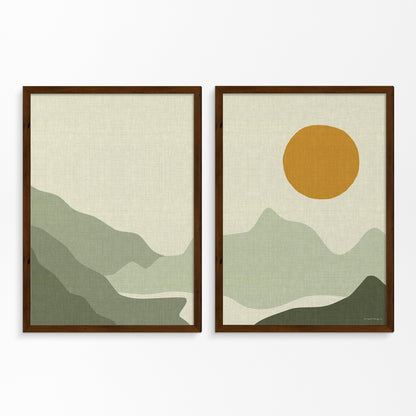 Tweeluik Linnen Look Poster: Bergen, Bergmeer en Zonsondergang