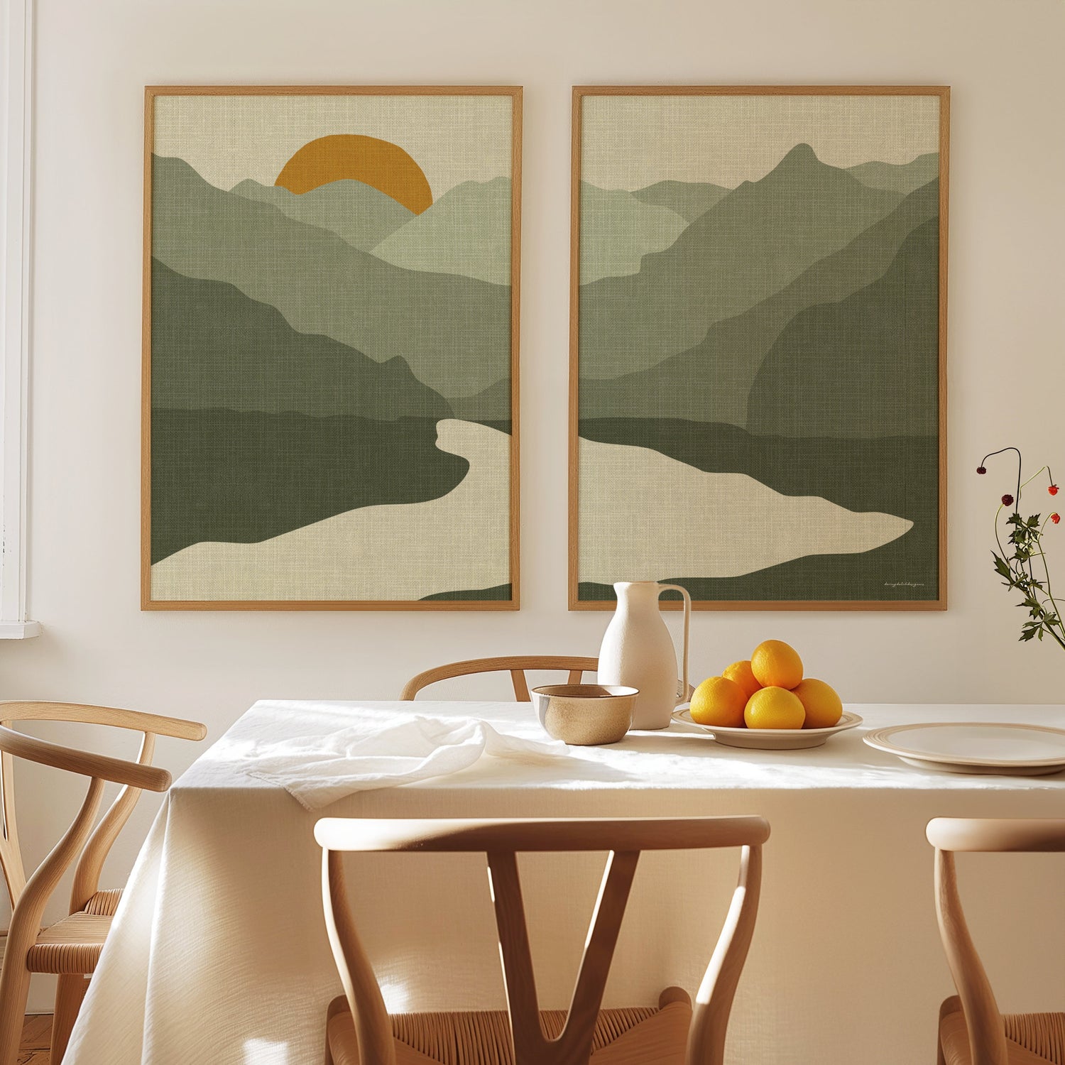 Linnen Look Tweeluik Poster: Bergmeer bij Zonsopkomst