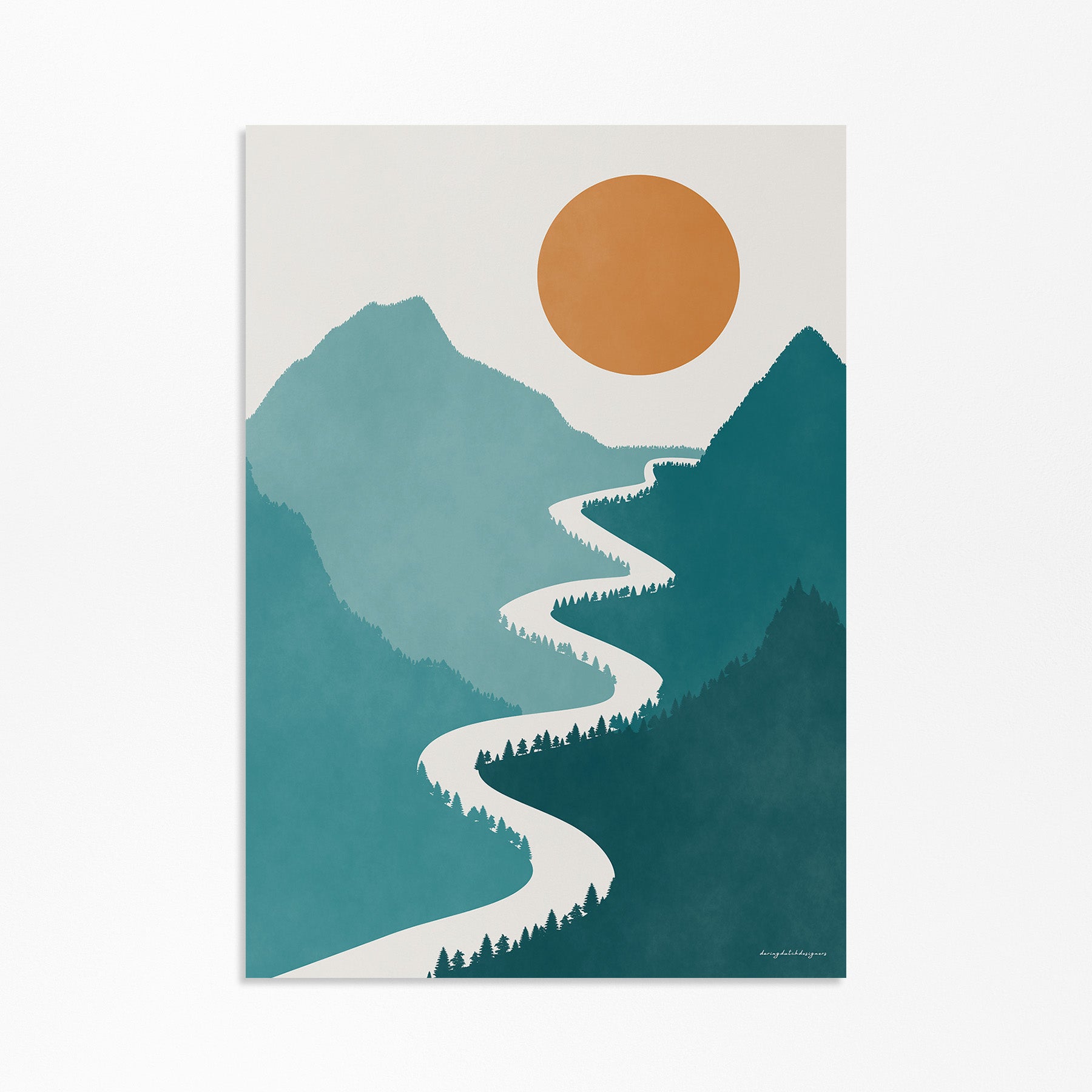 A Moment of Calm: Mountain, River, and Sun Poster – Daring Dutch Designers